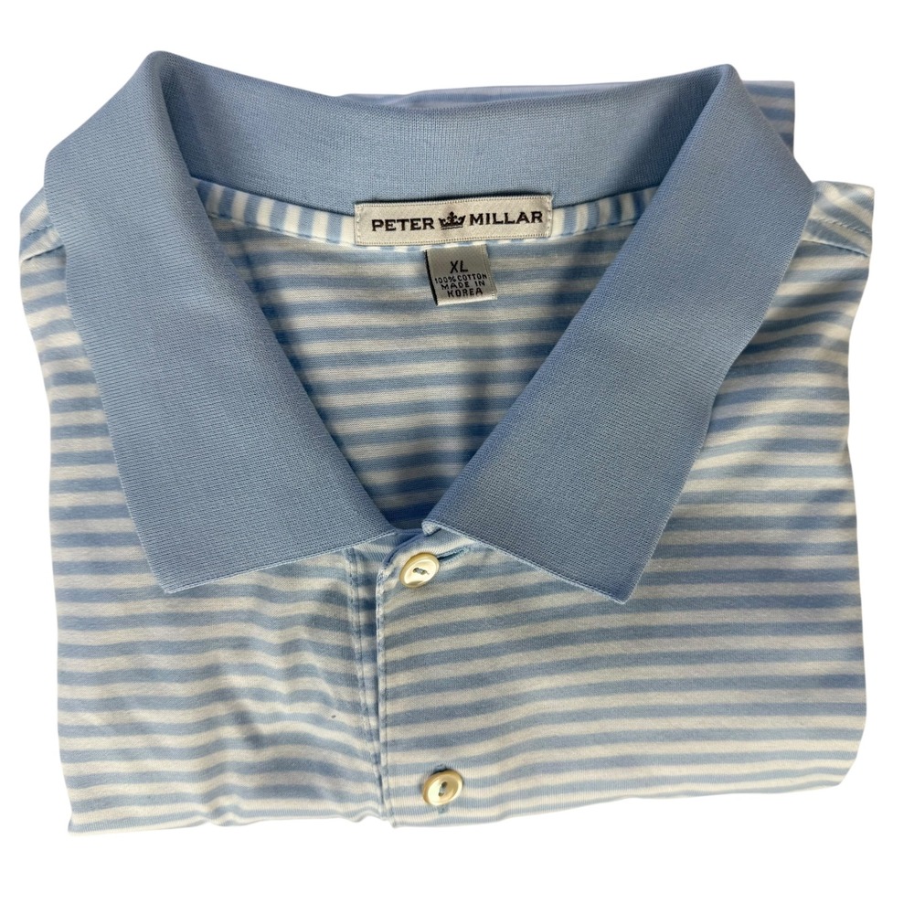 Peter Millar Mens XL Blue White Striped Cotton Sawgrass Golf Polo Shirt